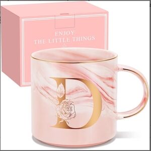 Coffee Mug Initial D Elegant Foil Rose Design  12 Oz Size New In Box